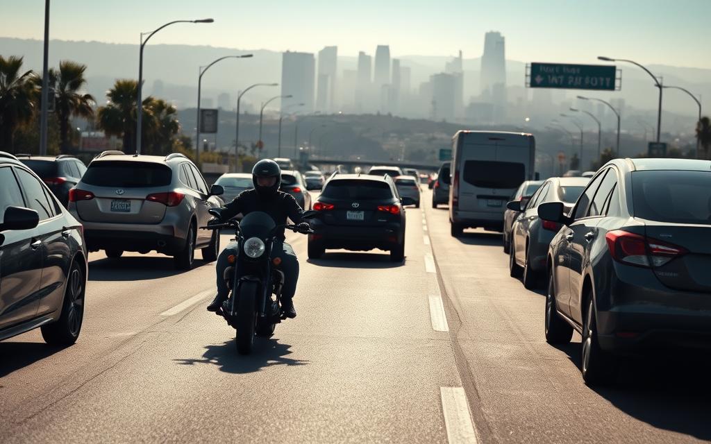 A Busy California Highway, Sunlight Streaming Down On Two Distinct Traffic Scenarios. In The Foreground, A Motorcyclist Expertly Weaves Between Stationary Cars, Exemplifying The Lane Splitting Technique. In The Middle Ground, Another Rider Travels Alongside Vehicles, Demonstrating The Lane Sharing Approach. The Background Features A City Skyline, Hazy With Atmosphere. Crisp, High-Resolution Rendering With A Cinematic, Documentary-Style Perspective Captures The Nuances Of These Contrasting Driving Behaviors On The Road. A Busy California Highway, Sunlight Streaming Down On Two Distinct Traffic Scenarios. In The Foreground, A Motorcyclist Expertly Weaves Between Stationary Cars, Exemplifying The Lane Splitting Technique. In The Middle Ground, Another Rider Travels Alongside Vehicles, Demonstrating The Lane Sharing Approach. The Background Features A City Skyline, Hazy With Atmosphere. Crisp, High-Resolution Rendering With A Cinematic, Documentary-Style Perspective Captures The Nuances Of These Contrasting Driving Behaviors On The Road.