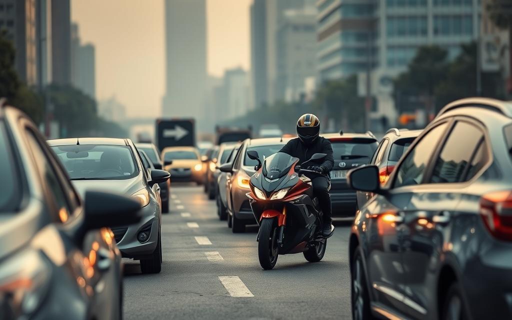 A Traffic-Congested Urban Street, With A Motorcycle Navigating Through The Standstill Cars, Its Rider Demonstrating The Benefits Of Lane Splitting For Reducing Congestion. The Motorcycle Is Sleek And Maneuverable, With A Rider Wearing A Protective Helmet And Gear. The Scene Is Captured From A Low Angle, Emphasizing The Motorcycle'S Agility And The Driver'S Skill In Weaving Through The Gridlock. The Background Features Tall Buildings, Street Lamps, And A Hazy, Overcast Sky, Creating A Sense Of The Urban Environment. The Lighting Is Soft And Diffused, Highlighting The Contrast Between The Stationary Cars And The Dynamic Motorcycle. The Mood Conveys The Frustration Of Traffic Congestion And The Potential Solution Offered By Responsible Lane Splitting. A Traffic-Congested Urban Street, With A Motorcycle Navigating Through The Standstill Cars, Its Rider Demonstrating The Benefits Of Lane Splitting For Reducing Congestion. The Motorcycle Is Sleek And Maneuverable, With A Rider Wearing A Protective Helmet And Gear. The Scene Is Captured From A Low Angle, Emphasizing The Motorcycle'S Agility And The Driver'S Skill In Weaving Through The Gridlock. The Background Features Tall Buildings, Street Lamps, And A Hazy, Overcast Sky, Creating A Sense Of The Urban Environment. The Lighting Is Soft And Diffused, Highlighting The Contrast Between The Stationary Cars And The Dynamic Motorcycle. The Mood Conveys The Frustration Of Traffic Congestion And The Potential Solution Offered By Responsible Lane Splitting.